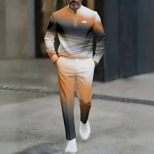 Neck Zipper Long Sleeved Trousers Two-Piece Set