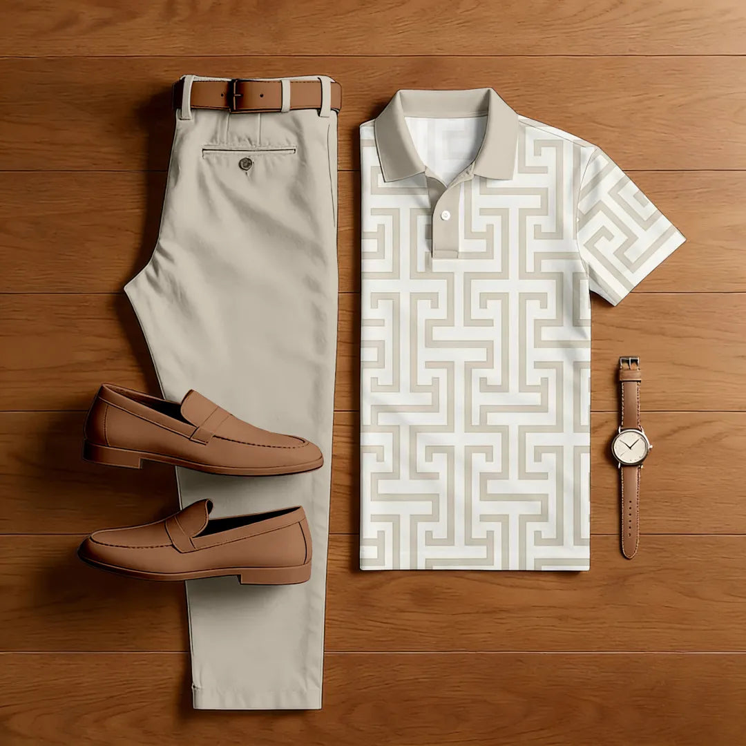Polo-Collar Short Sleeved Trousers Two-Piece Set - DUVAL