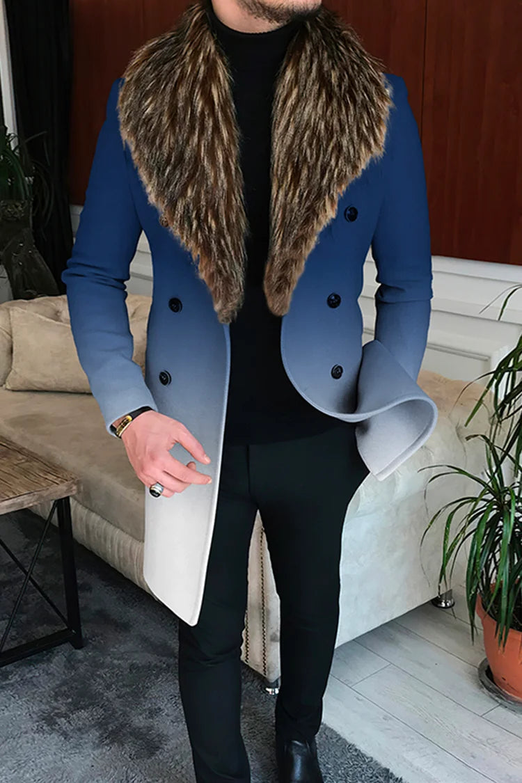 Ombre Fur Collar Gradient Breasted Mid Length Coat - DUVAL