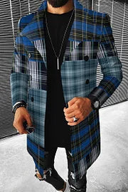 Fashion Patchwork Blue Check Casual Coat - DUVAL