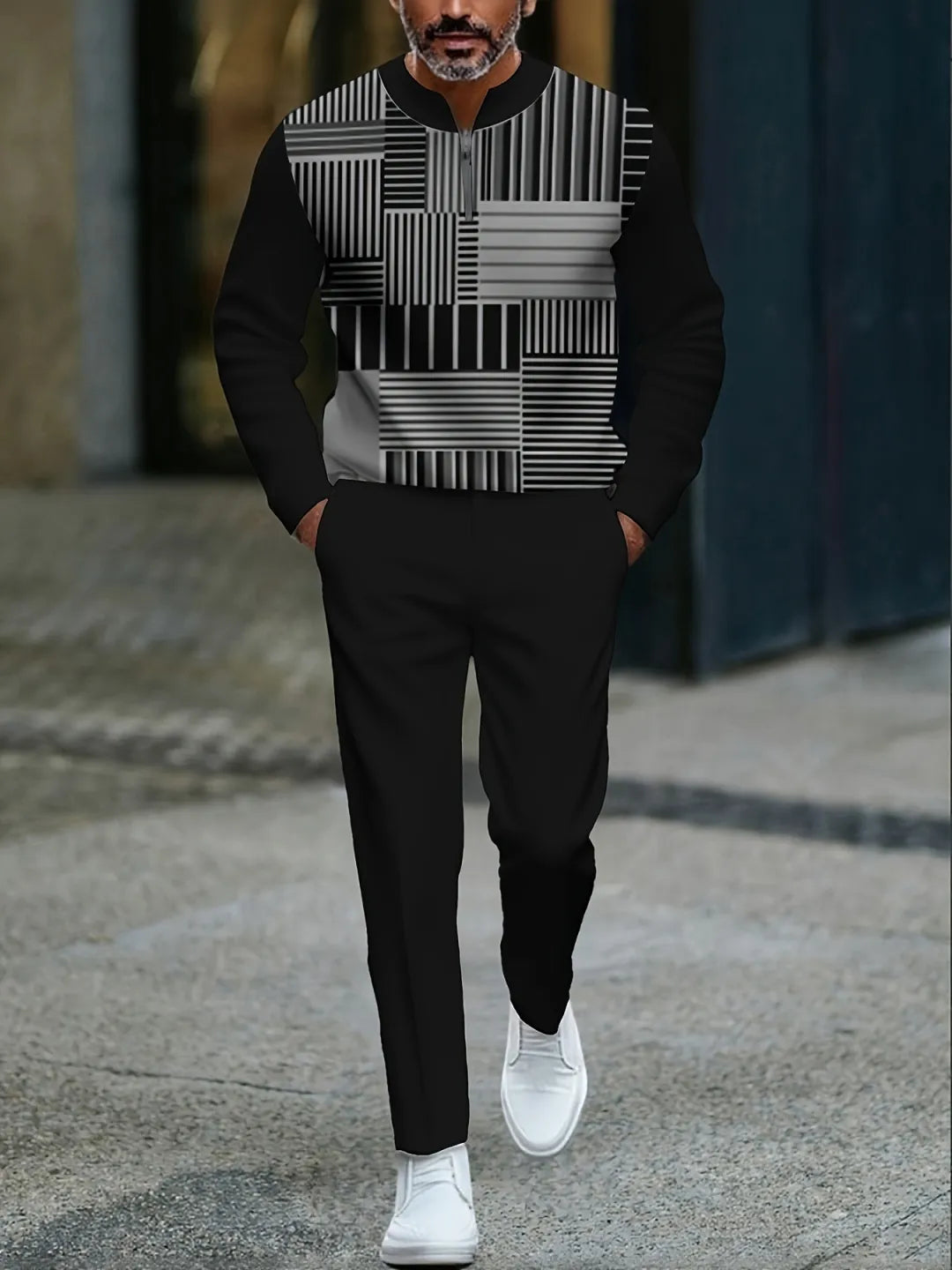 Neck Zipper Long Sleeved Trousers Two-Piece Set