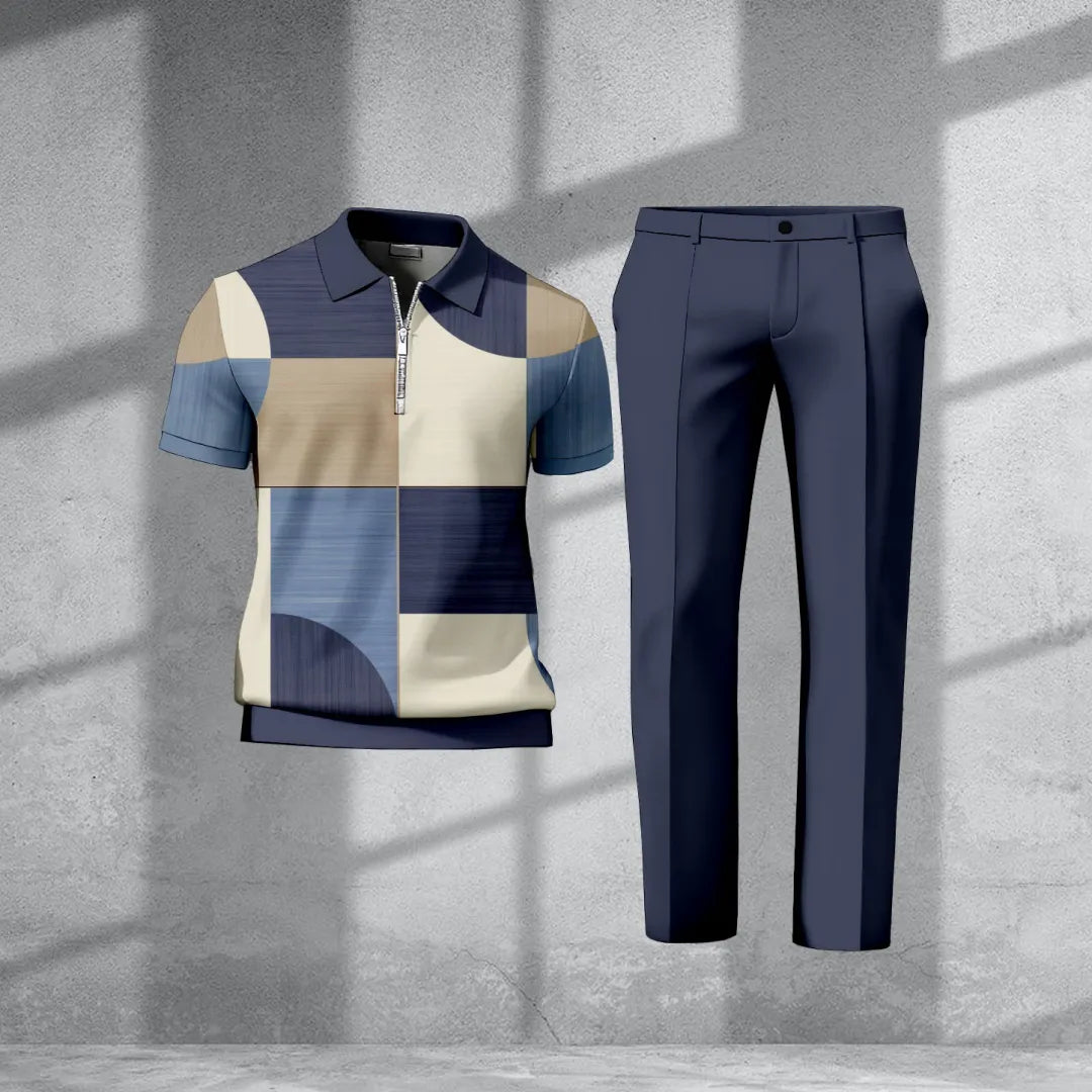 Polo-Collar Short Sleeved Trousers Two-Piece Set - DUVAL