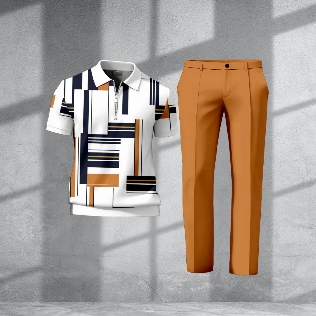 Polo-Collar Short Sleeved Trousers Two-Piece Set - DUVAL