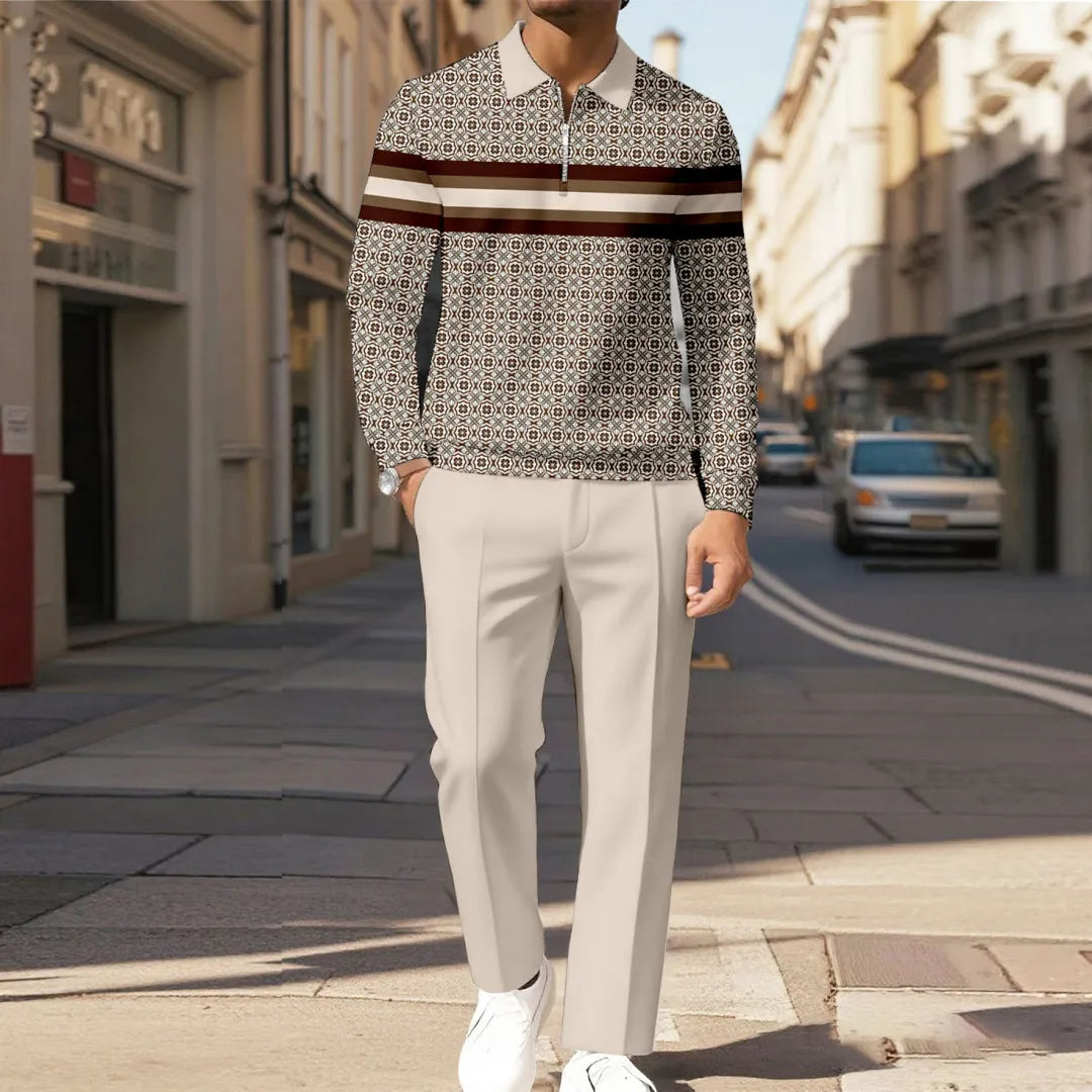 Zipper Long Sleeve Polo Long Pants Two-Piece Set