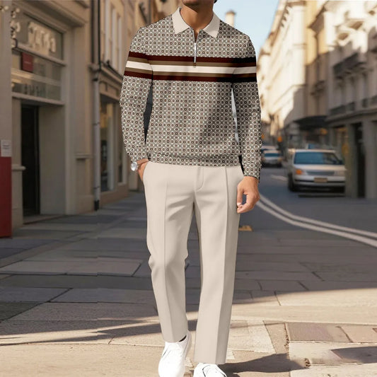 Zipper Long Sleeve Polo Long Pants Two-Piece Set