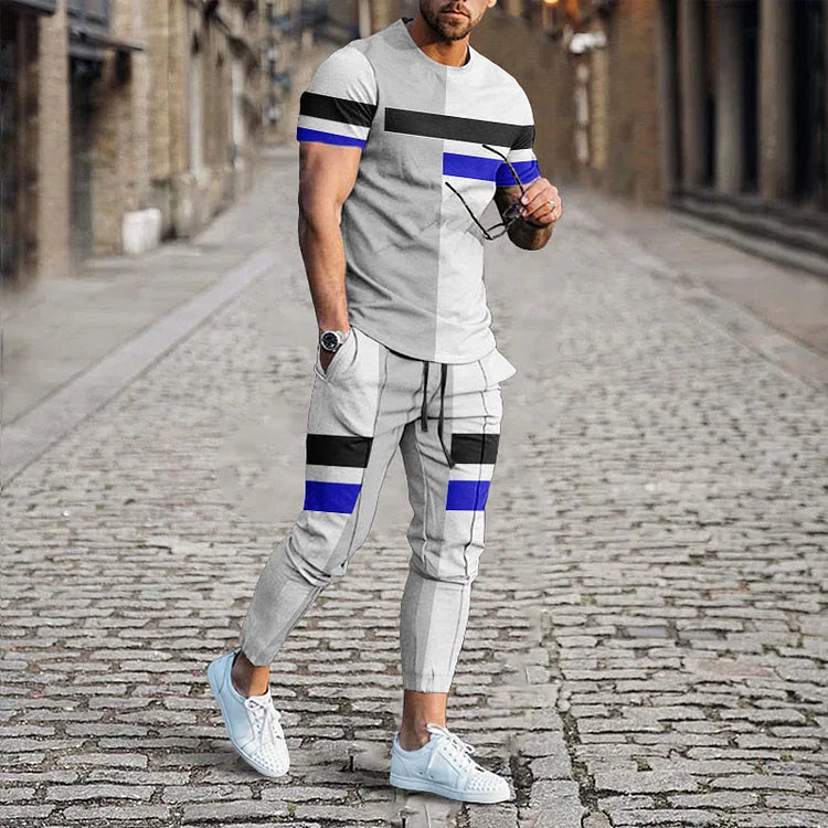 Men's Colorblock Stripe Print T-Shirt And Pants Co-Ord