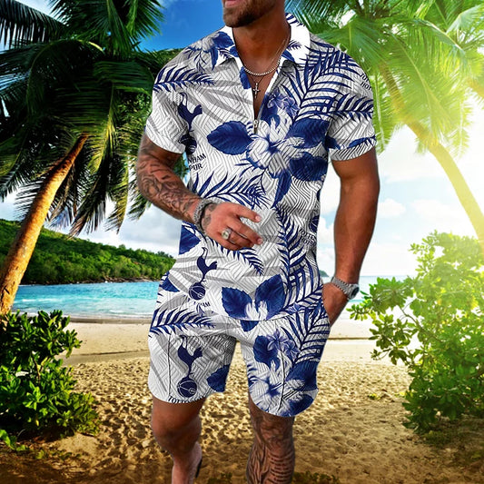 Blue Hawaiian Floral Print Polo Shirt And Shorts Co-Ord