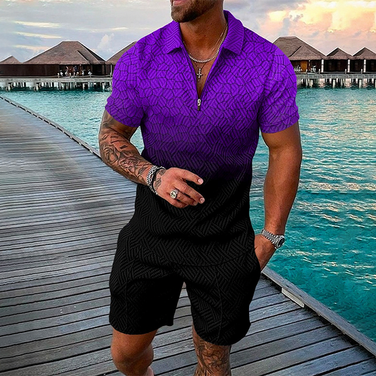 Purple Ocean Polo Shirt And Shorts Co-Ord