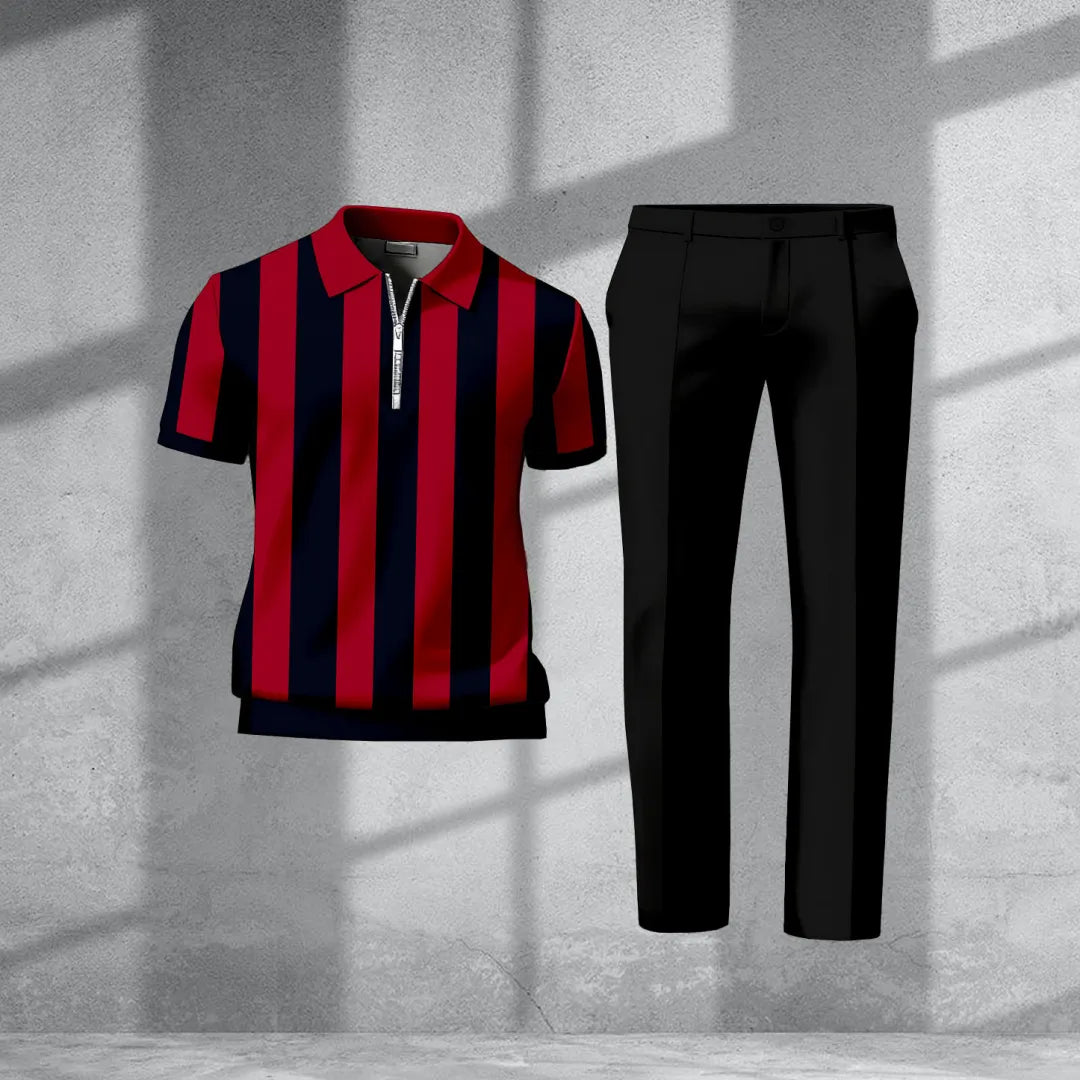 Polo-Collar Short Sleeved Trousers Two-Piece Set - DUVAL