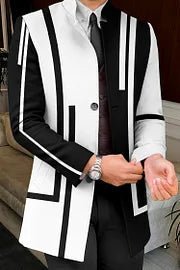 Casual Black And White Linear Art Print Coat - DUVAL