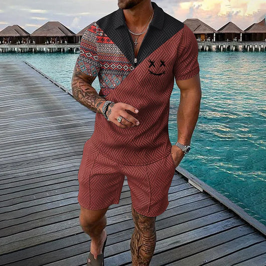 Geometric & Smile Face Print Patchwork Short Sleeve Polo Shirt And Shorts Co-Ord