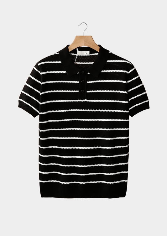 Black Striped Textured Button Polo