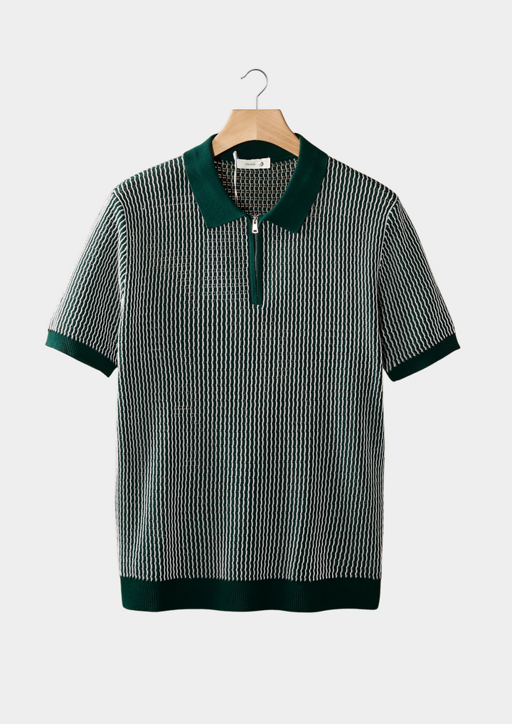Green Geometric Textured Zipper Polo
