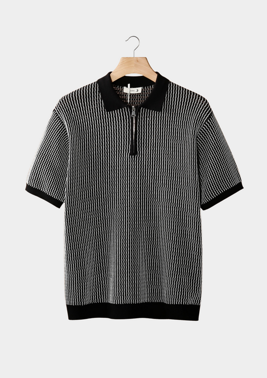 Black Geometric Textured Zipper Polo