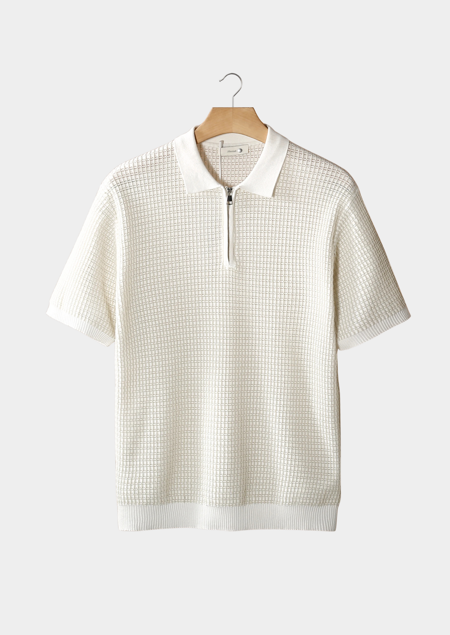 White Geometric Textured Zipper Polo