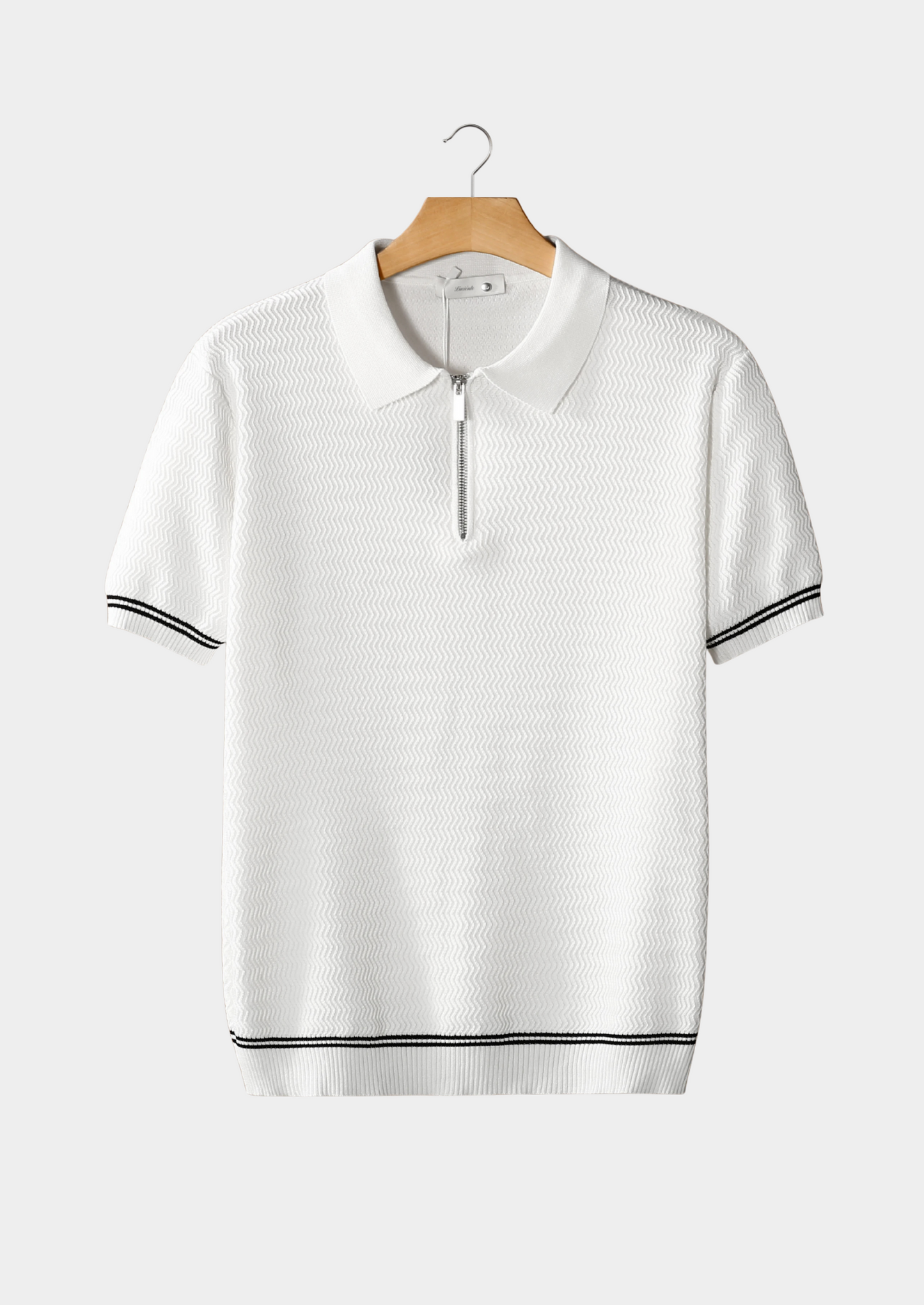 White Zigzag Textured Zipper Polo