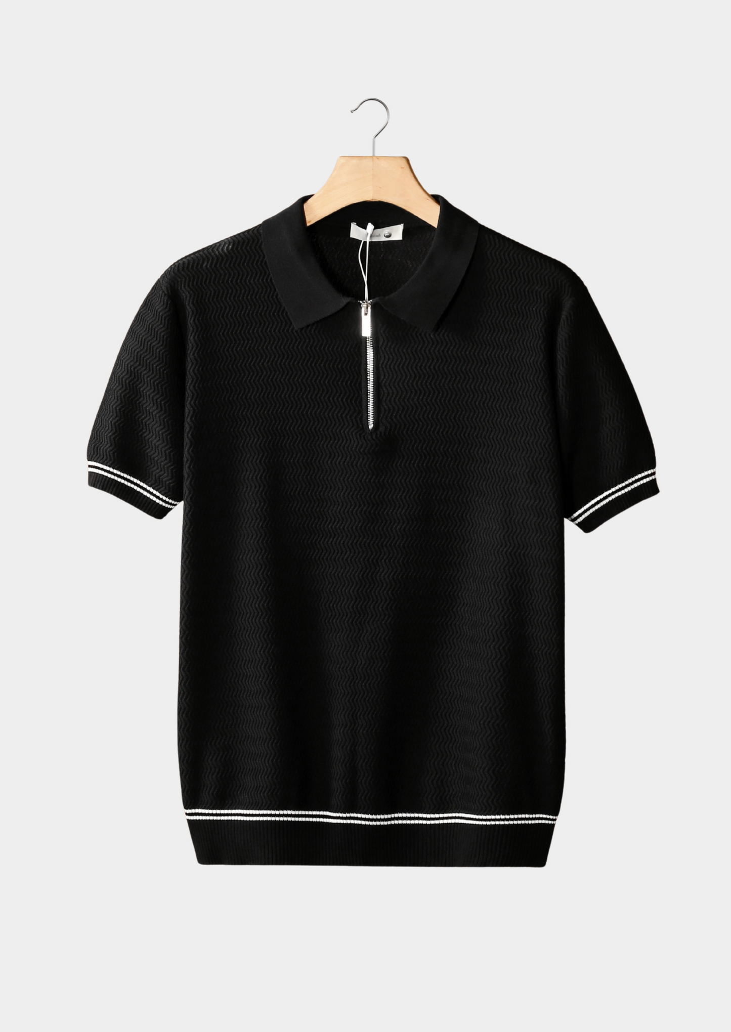 Black Zigzag Textured Zipper Polo
