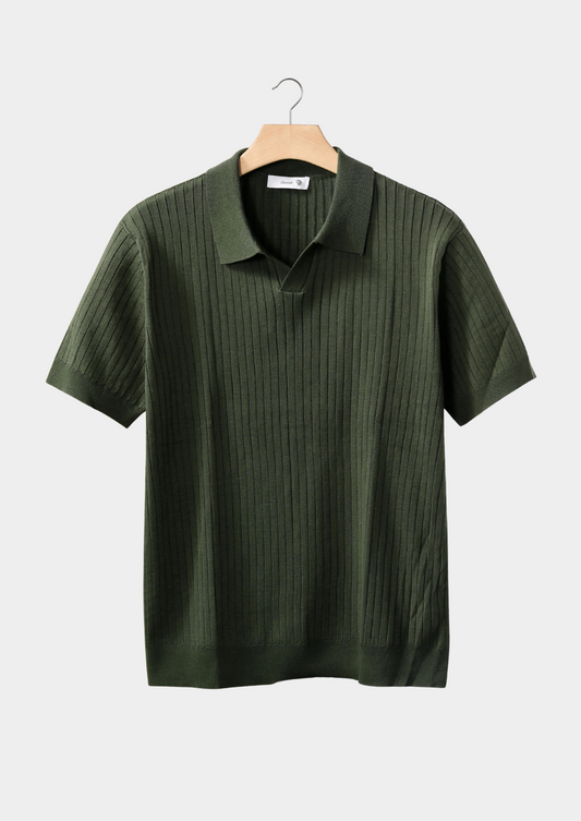 Olive Ribbed Buttonless Polo