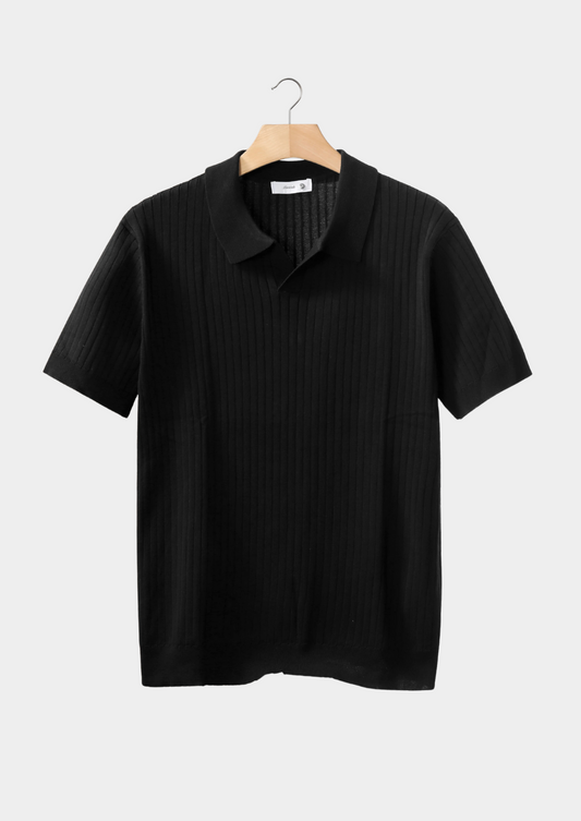 Black Ribbed Buttonless Polo