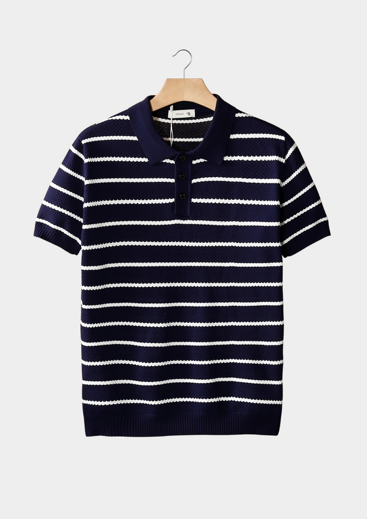 Navy Striped Textured Button Polo