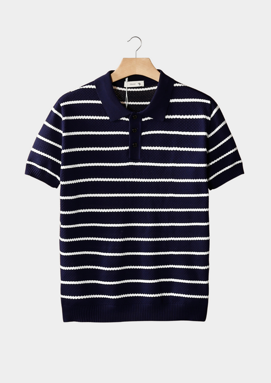 Navy Striped Textured Button Polo