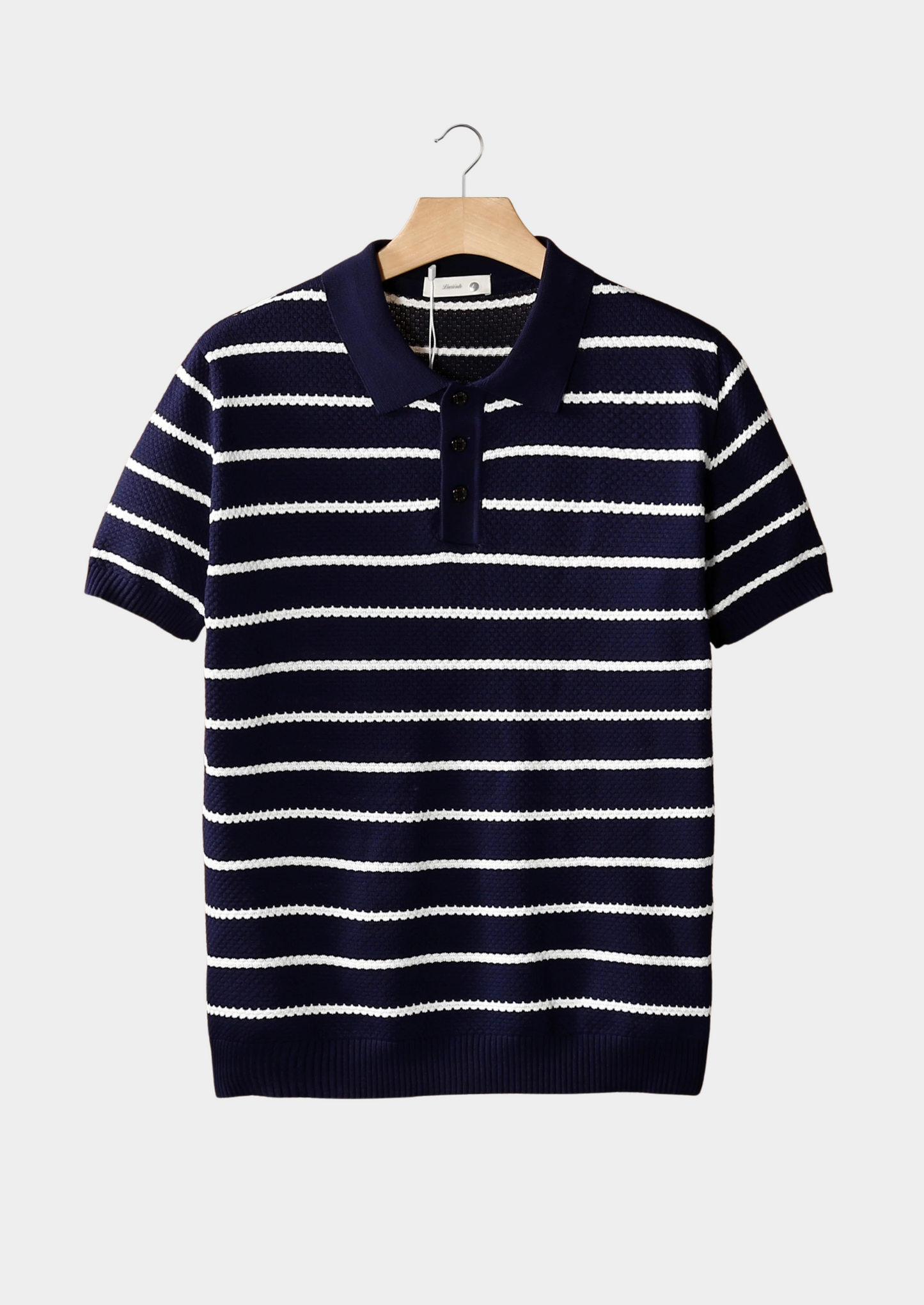Navy Striped Textured Button Polo