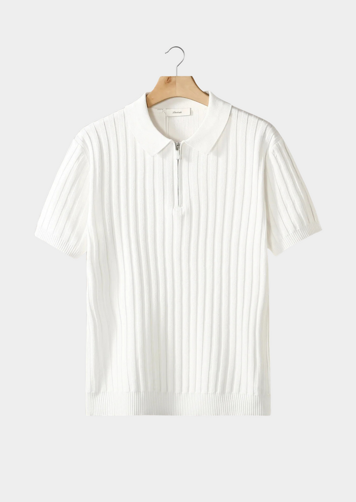 White Ribbed Zipper Polo