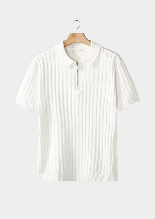 White Ribbed Zipper Polo