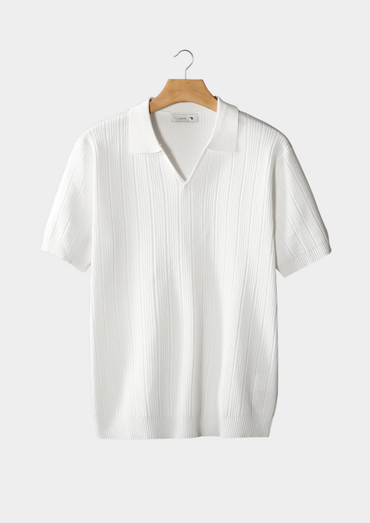 White Open Collar Ribbed Polo