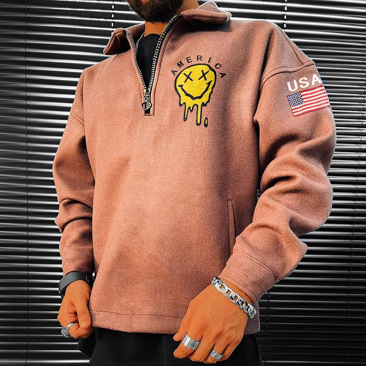 America Smiley Print Casual Zip Lapel Oversize Sweatshirt - DUVAL