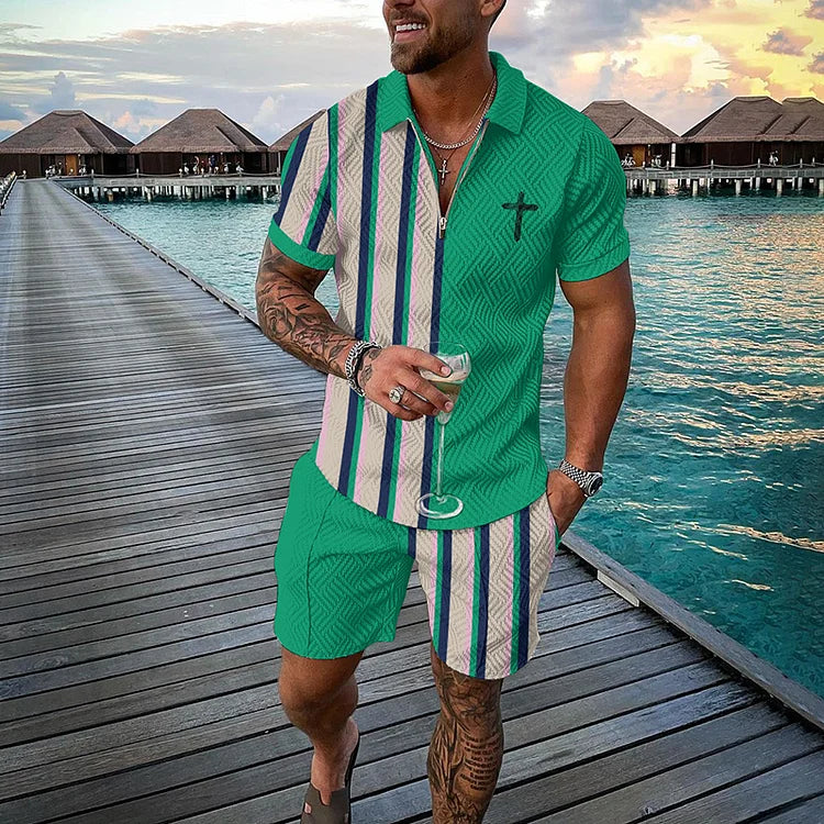 Green Striped Cross Polo Shirt And Shorts Co-Ord - DUVAL