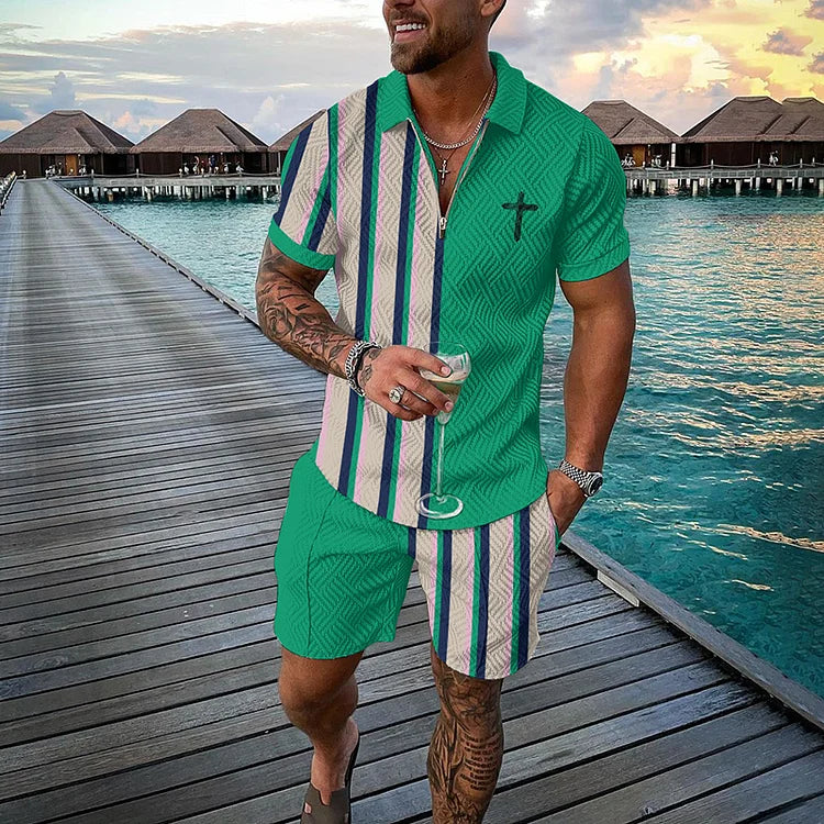 Green Striped Cross Polo Shirt And Shorts Co-Ord