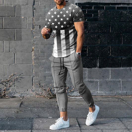 Men's Flag Design Short Sleeve T-Shirt And Pants Co-Ord