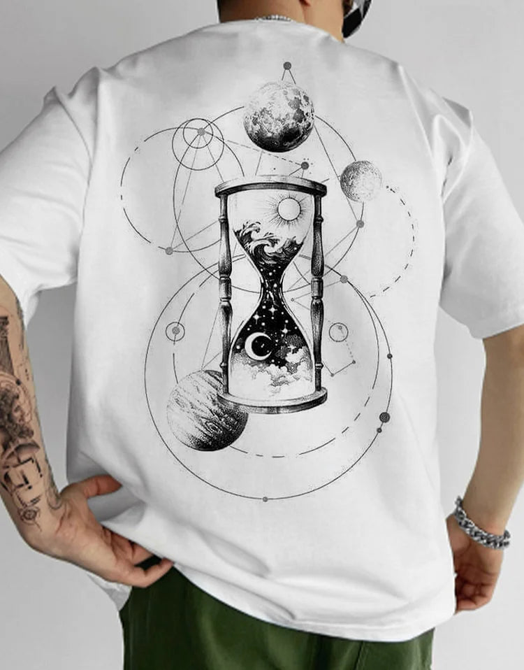 Art Element Illustration Stars Hourglass Moon Print T-Shirt