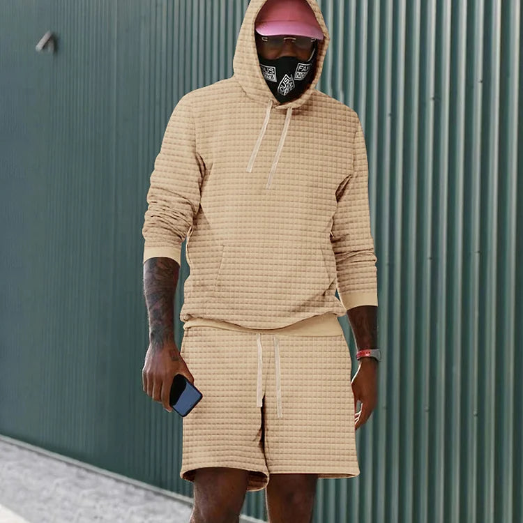 Ensemble sweat à capuche et short décontracté à manches longues et à carreaux de couleur unie