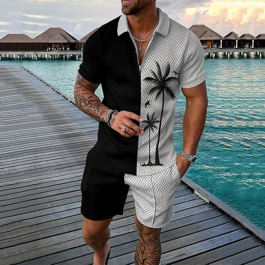 Coconut Tree Color Contrast Stripes Print Short Sleeve Polo Shirt And Shorts Co-Ord