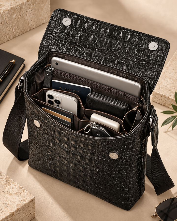 The Zurich 28 — Crocodile Crossbody Bag | Black