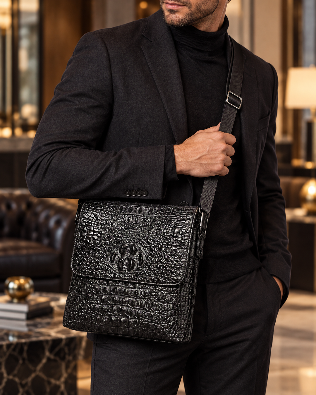 The Zurich 28 — Crocodile Crossbody Bag | Black