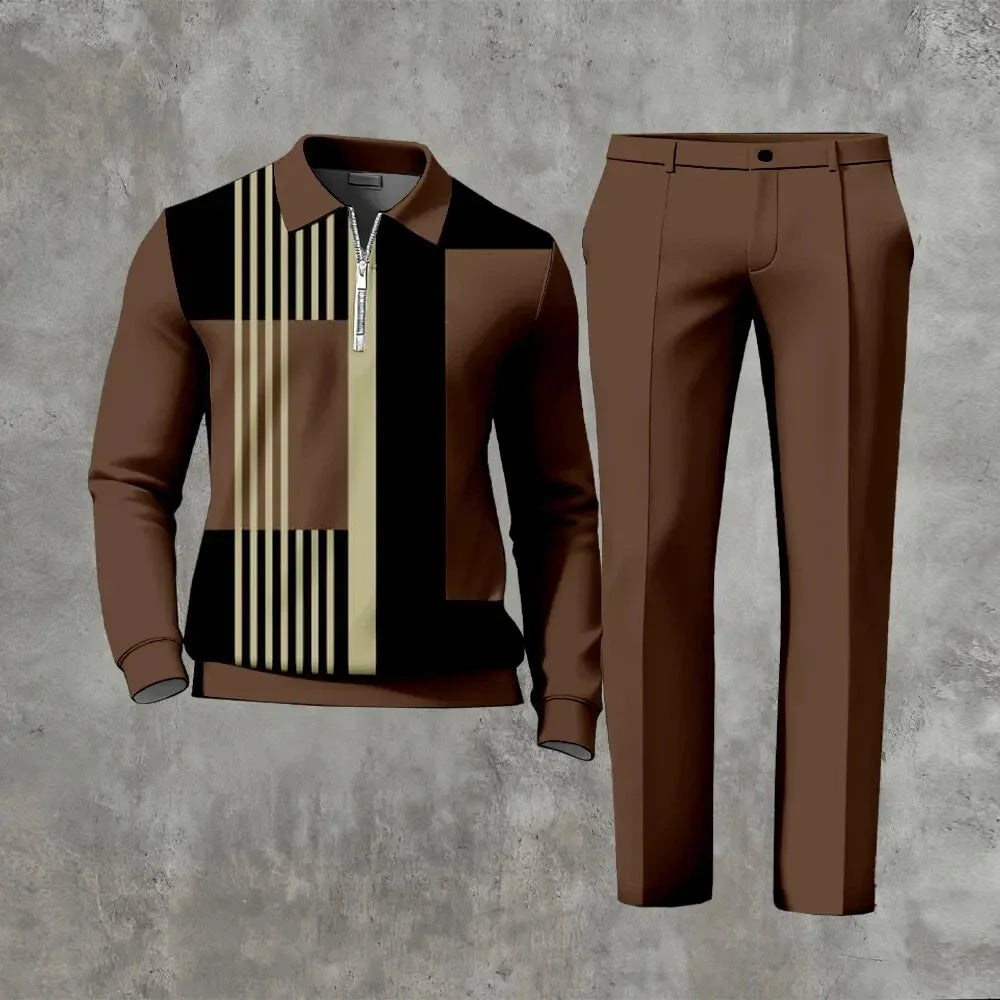 Polo-Collar Zipper Long Sleeved Trousers Two-Piece Set - DUVAL