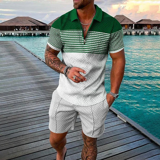 Striped Short Sleeve Polo Shirt And Shorts Two Piece Set