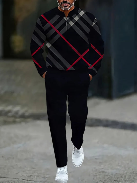 Neck Zipper Long Sleeved Trousers Two-Piece Set