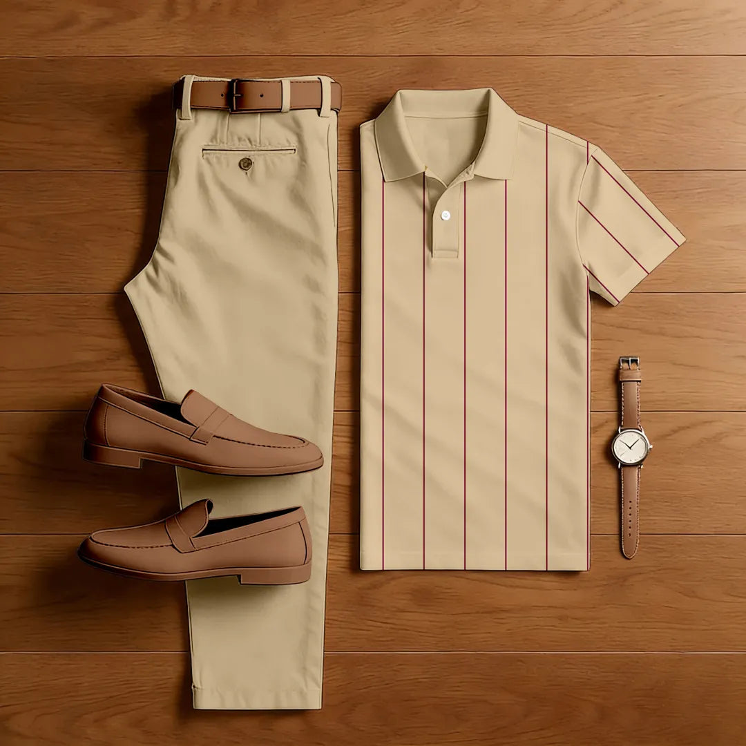 Polo-Collar Short Sleeved Trousers Two-Piece Set - DUVAL