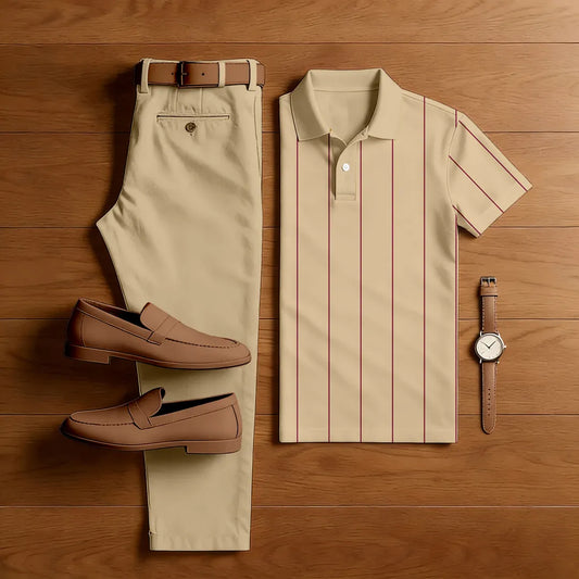 Polo-Collar Short Sleeved Trousers Two-Piece Set - DUVAL