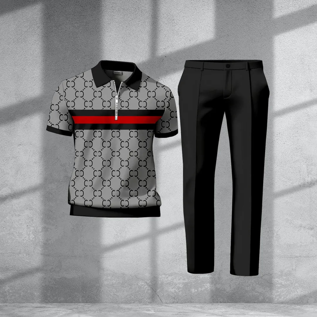 Polo-Collar Short Sleeved Trousers Two-Piece Set - DUVAL