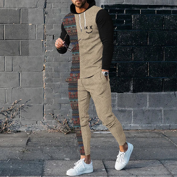 Ensemble sweat à capuche et pantalon de survêtement à imprimé géométrique coloré et visage souriant