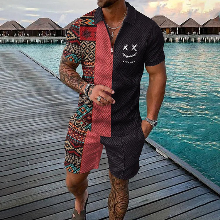 Two Tone Ethnic Polo Shirt And Shorts Co-Ord