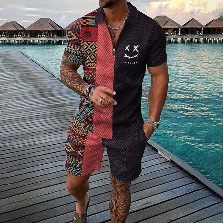 Two Tone Ethnic Polo Shirt And Shorts Co-Ord - DUVAL