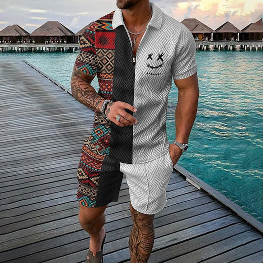 Two Tone Ethnic Polo Shirt And Shorts Co-Ord
