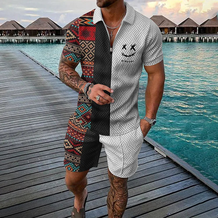 Two Tone Ethnic Polo Shirt And Shorts Co-Ord - DUVAL