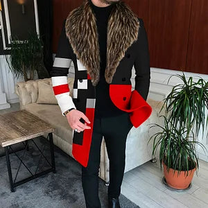 Ombre Fur Collar Geometric Color Block Splicing Mid Length Coat - DUVAL